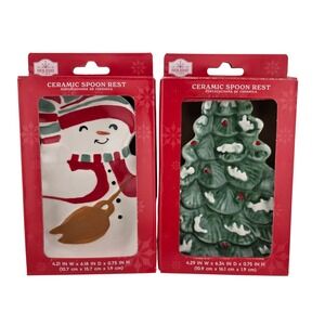 Holiday Time Ceramic Spoon‎ Rest Set Snowman Christmas Tree Kitchen Decor